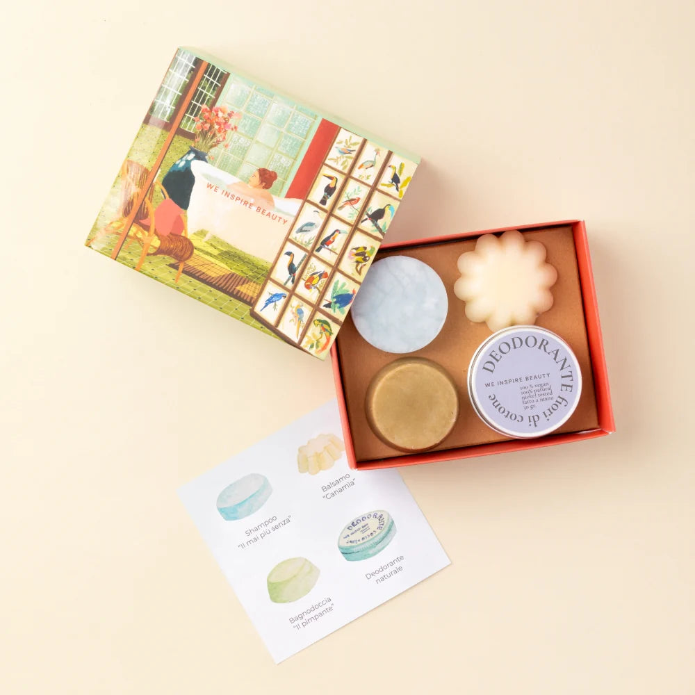 Kit de Voyage Cosmétiques Solides — Shampoing, Après-Shampoing, Gel Douche & Déodorant