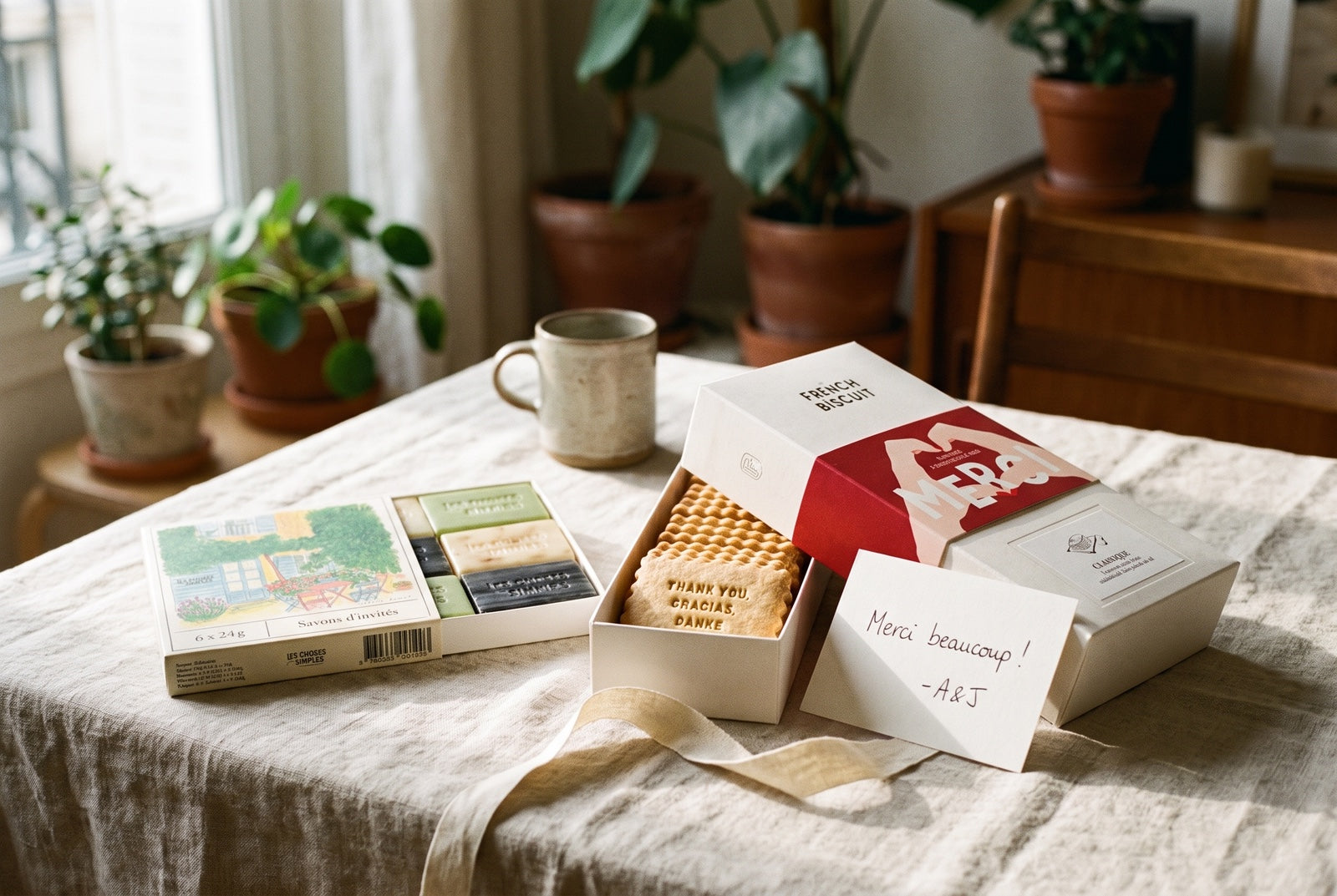 The kraft card inside every Monthly Box, on a breakfast table