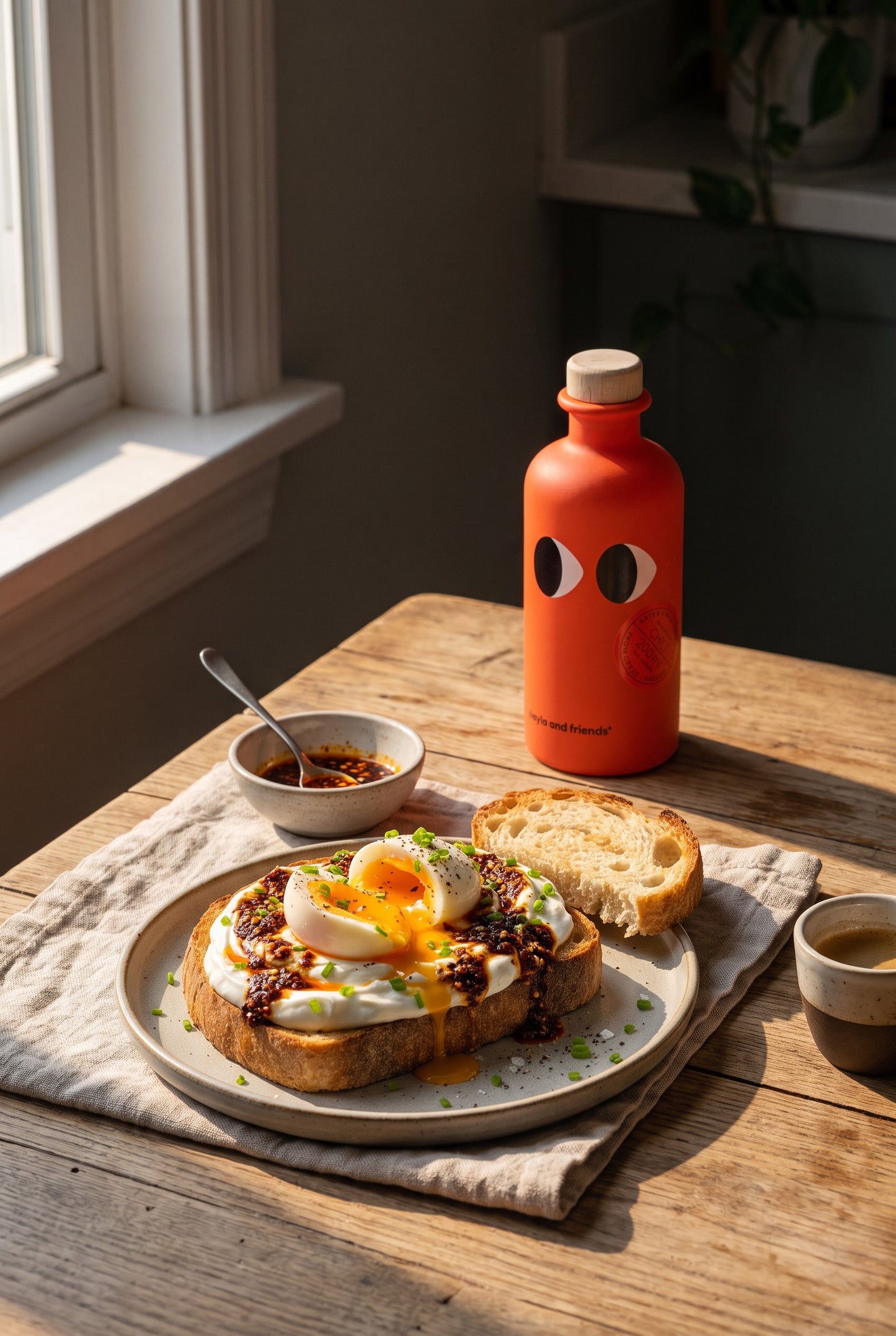 Sourdough toast with Greek yogurt, soft-boiled eggs and chilli oil in warm morning light