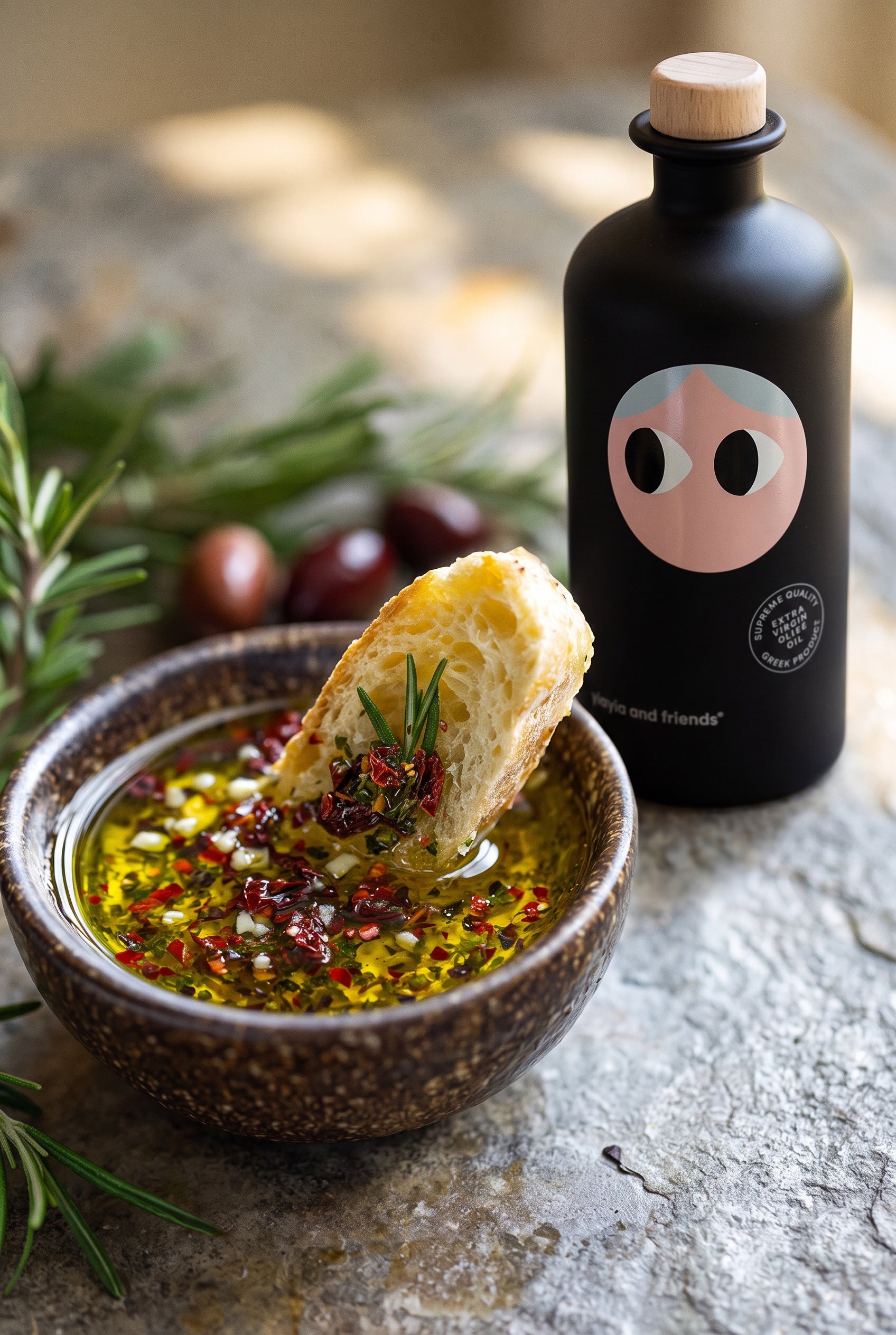 Mediterranean dipping oil with sun-dried tomatoes, garlic, chilli flakes and rosemary, with crusty bread