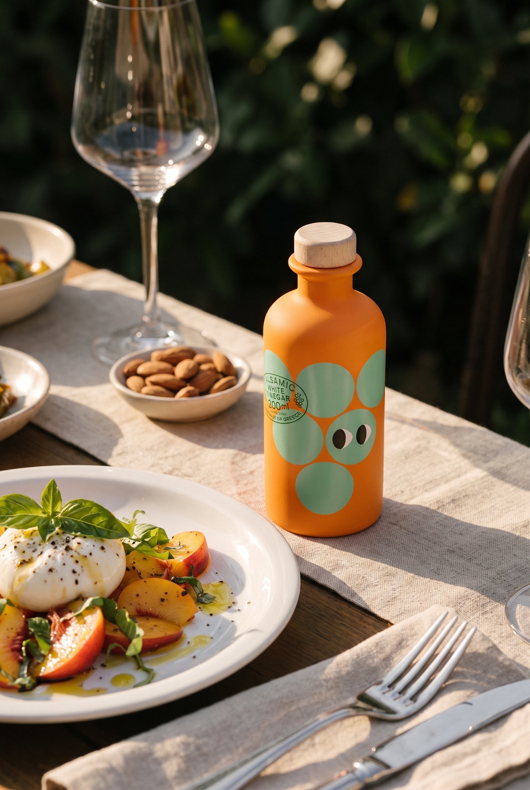 Grilled peaches with burrata, basil and a drizzle of white balsamic vinegar, served on a summer table